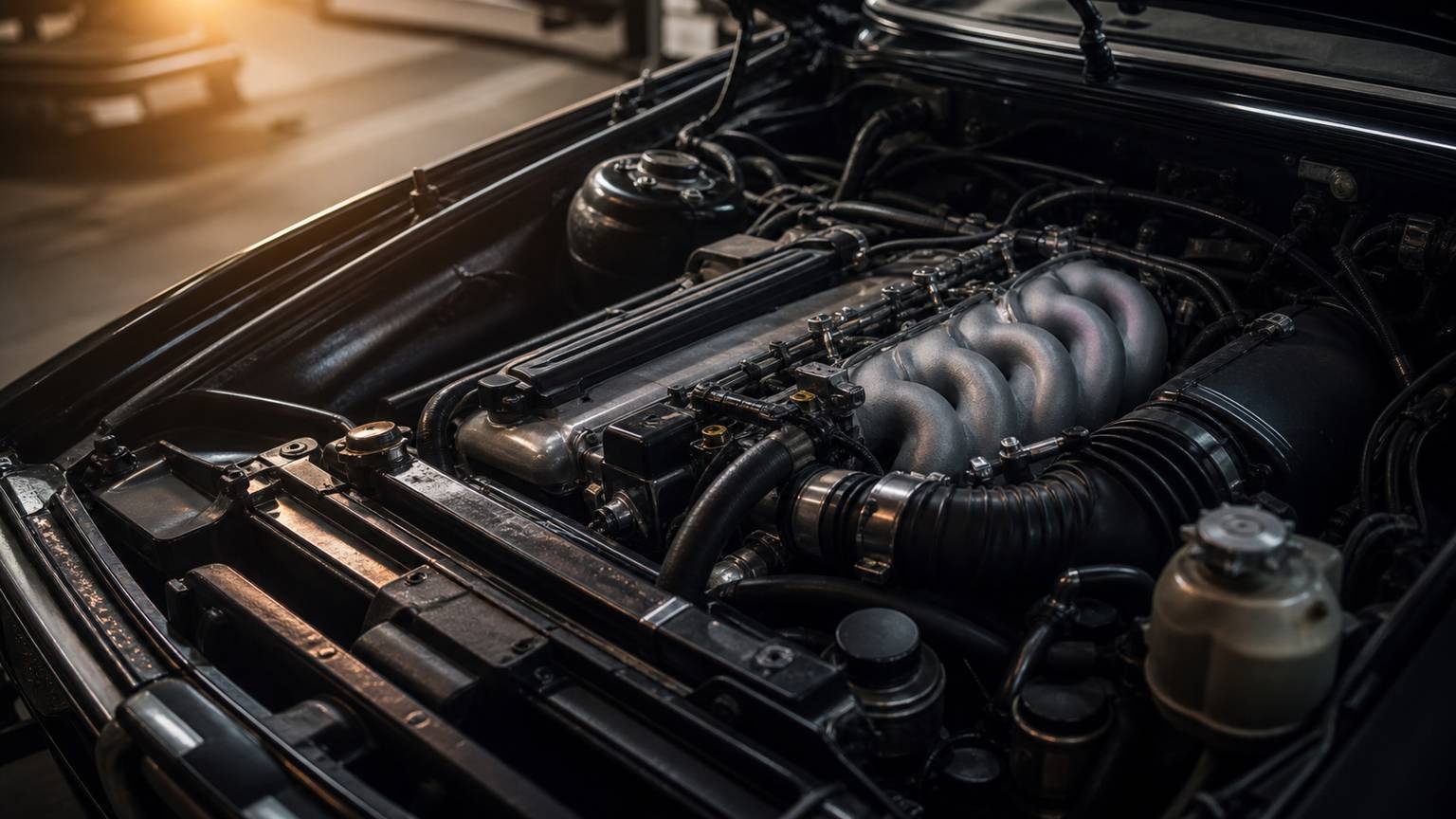 Six-cylindres en ligne M20 BMW Série 5 E28, moteur sous capot, atelier mécanique