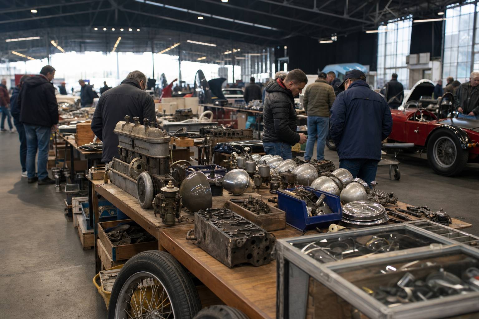 Stand bourse pièces détachées automobiles anciennes collectionneurs moteurs phares jantes exposition