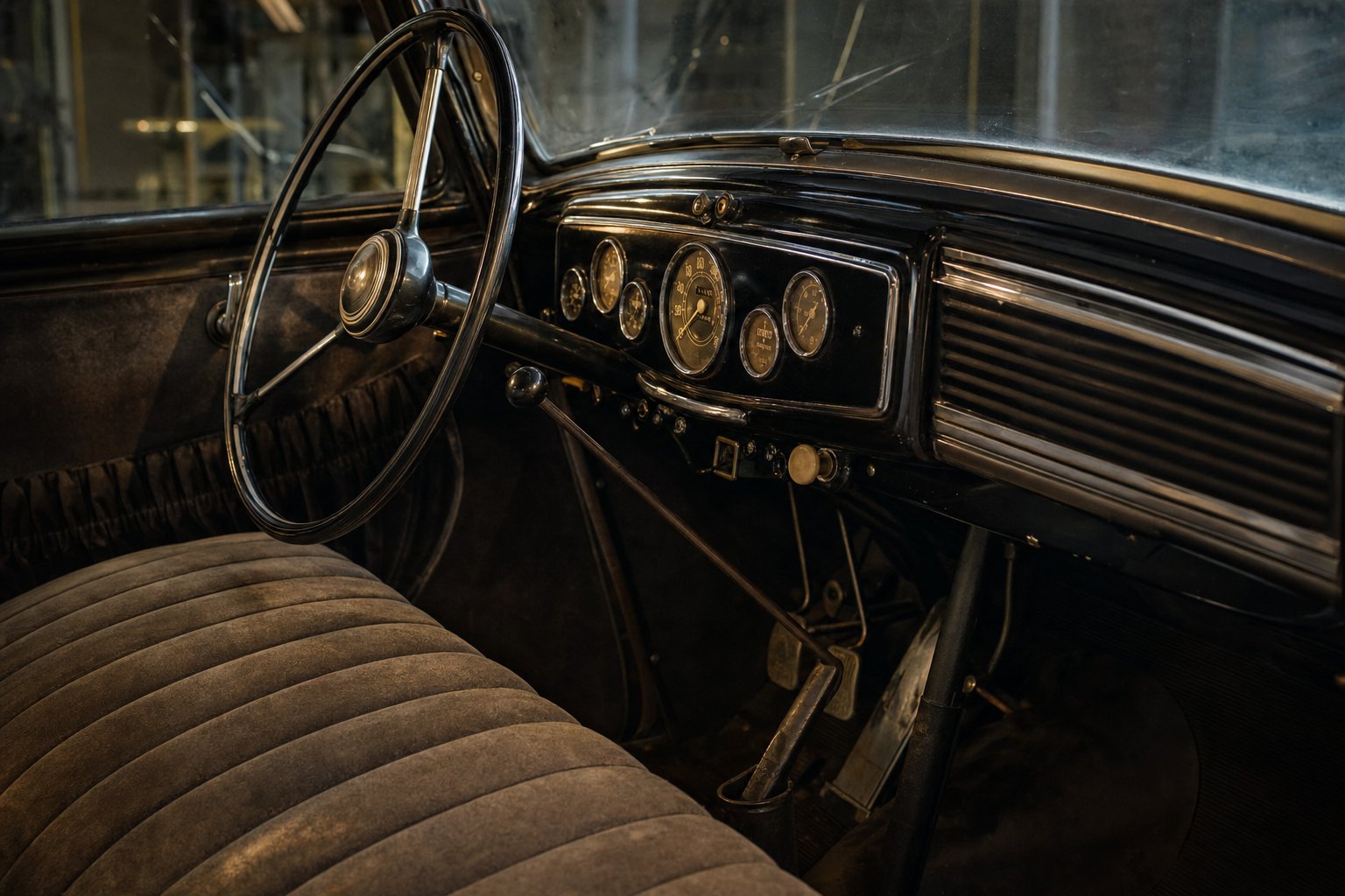 Intérieur d'époque Citroën Traction Avant 11D, volant et tableau de bord Art Déco