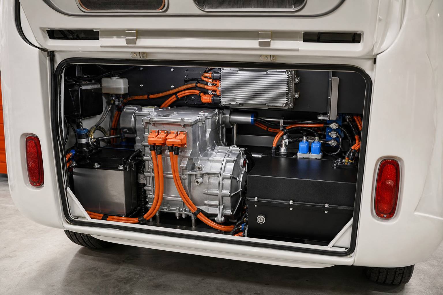 Compartiment moteur de Volkswagen Type 2 avec conversion électrique moderne batteries et câbles orange