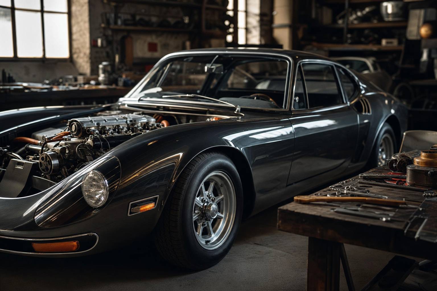 Atelier de restauration d une De Tomaso Vallelunga moteur visible