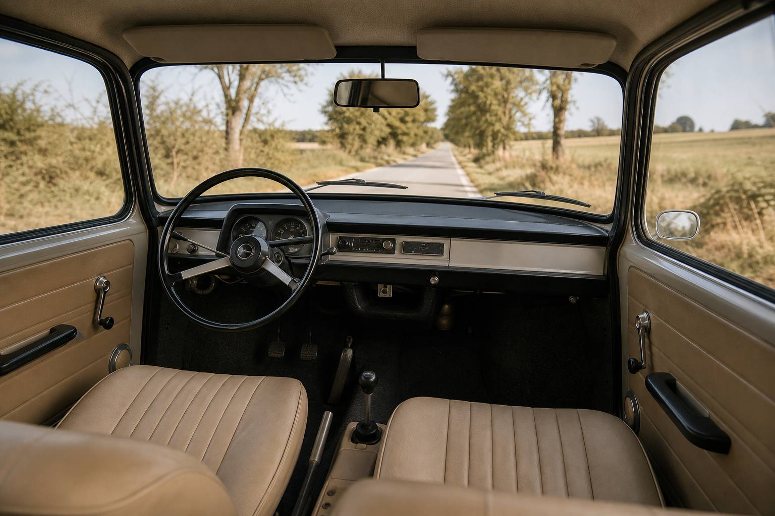 Intérieur Renault 8 tableau de bord simple époque volant origine sièges vinyle beige