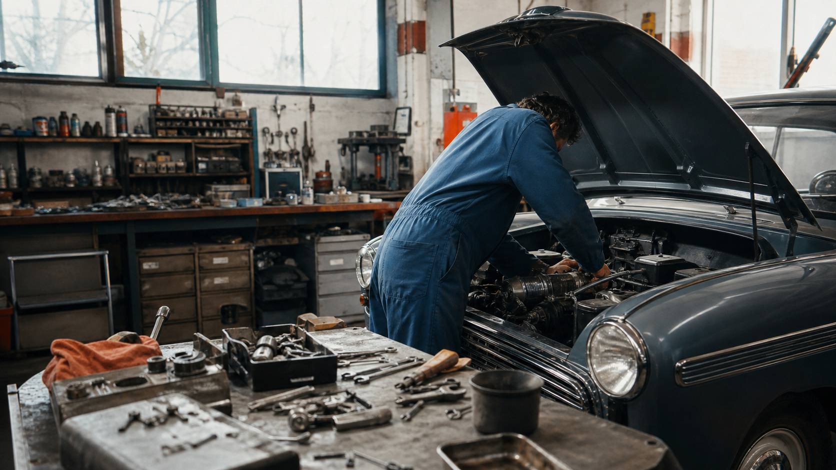 Mécanicien bleu de travail penché sur moteur de voiture ancienne française dans garage équipé
