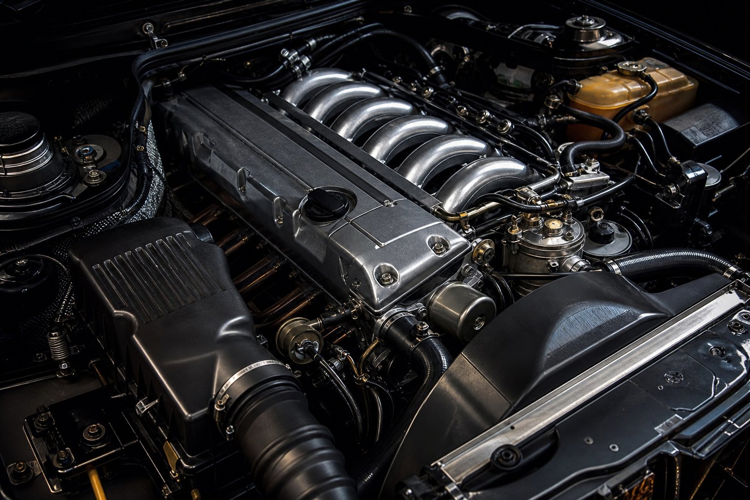 Moteur Mercedes-Benz W124, mécanique six cylindres allemande en atelier
