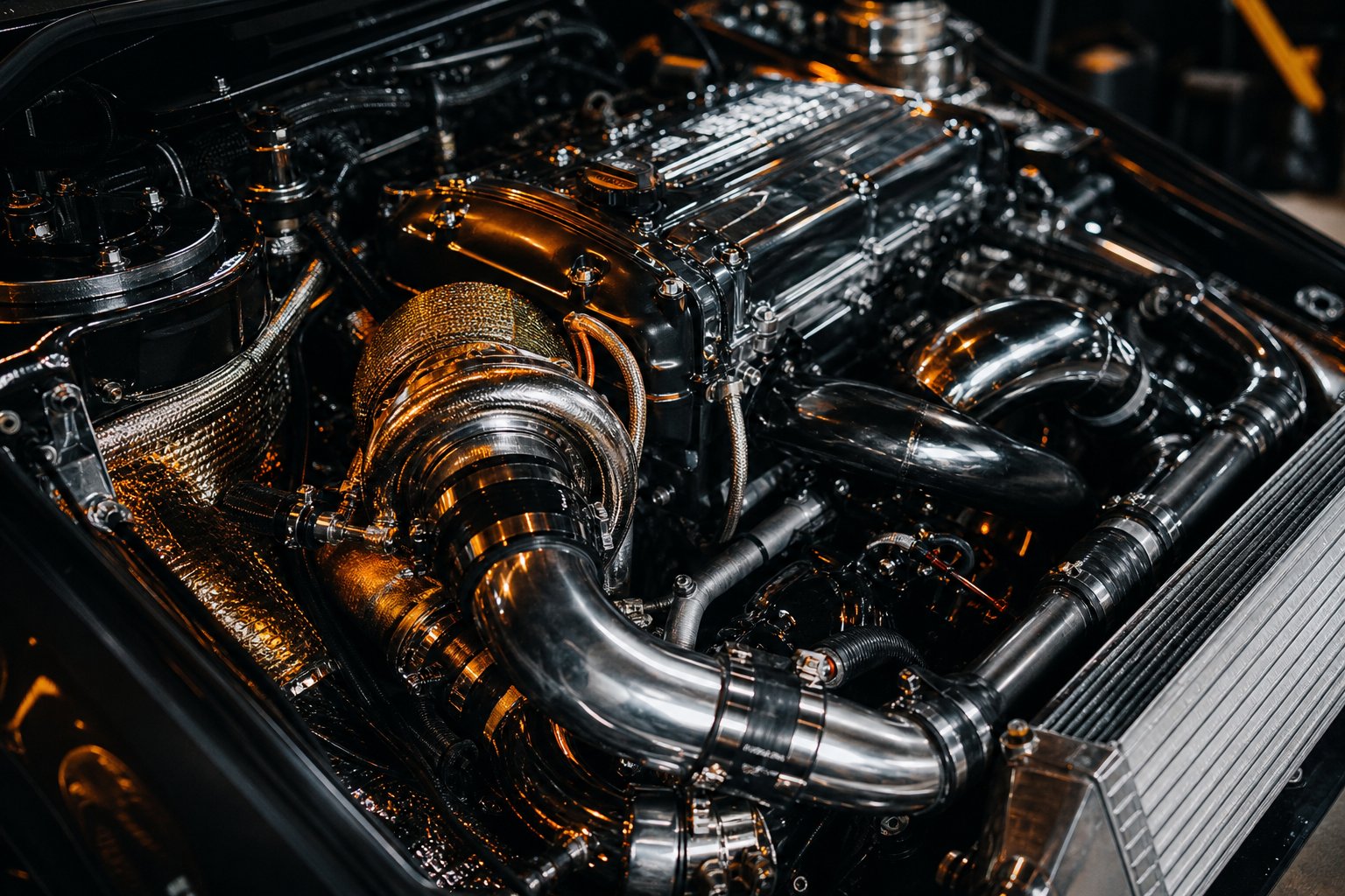 Moteur 4G63 preparation 600 chevaux, turbo et intercooler en atelier de preparation automobile