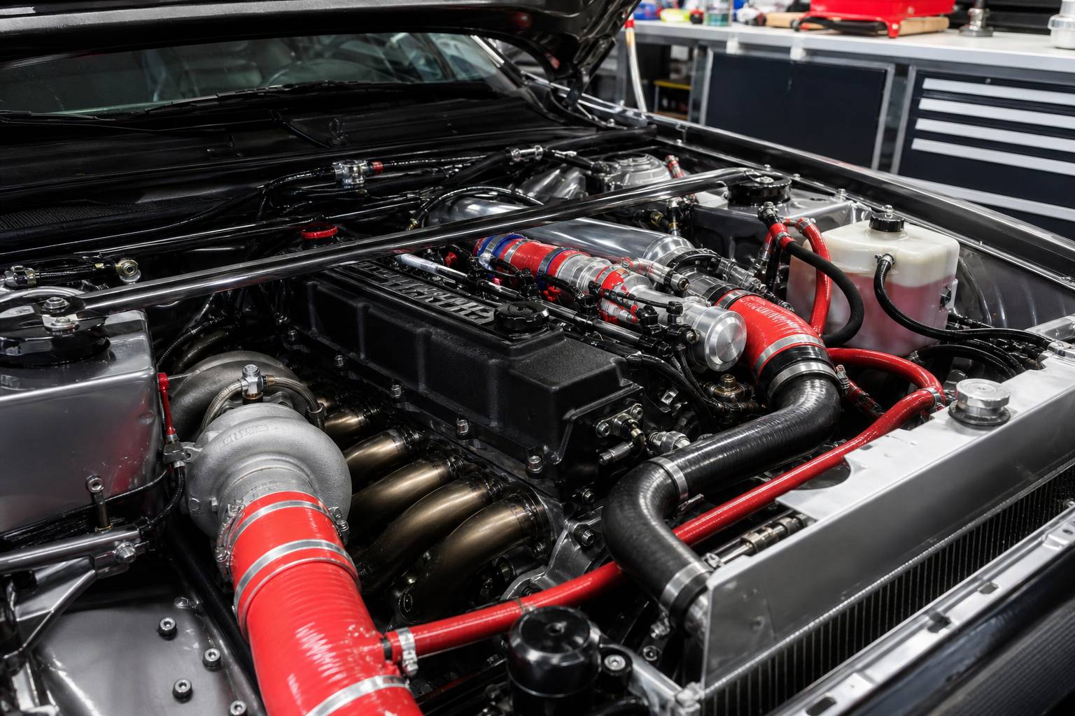 Moteur Ford Cosworth YBT turbocompressé dans atelier de préparation performance