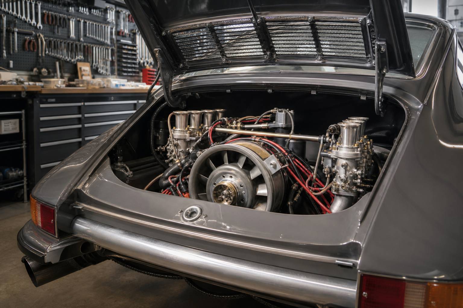 Moteur flat-six boxer de Porsche 911 1968 exposé dans garage de préparation course
