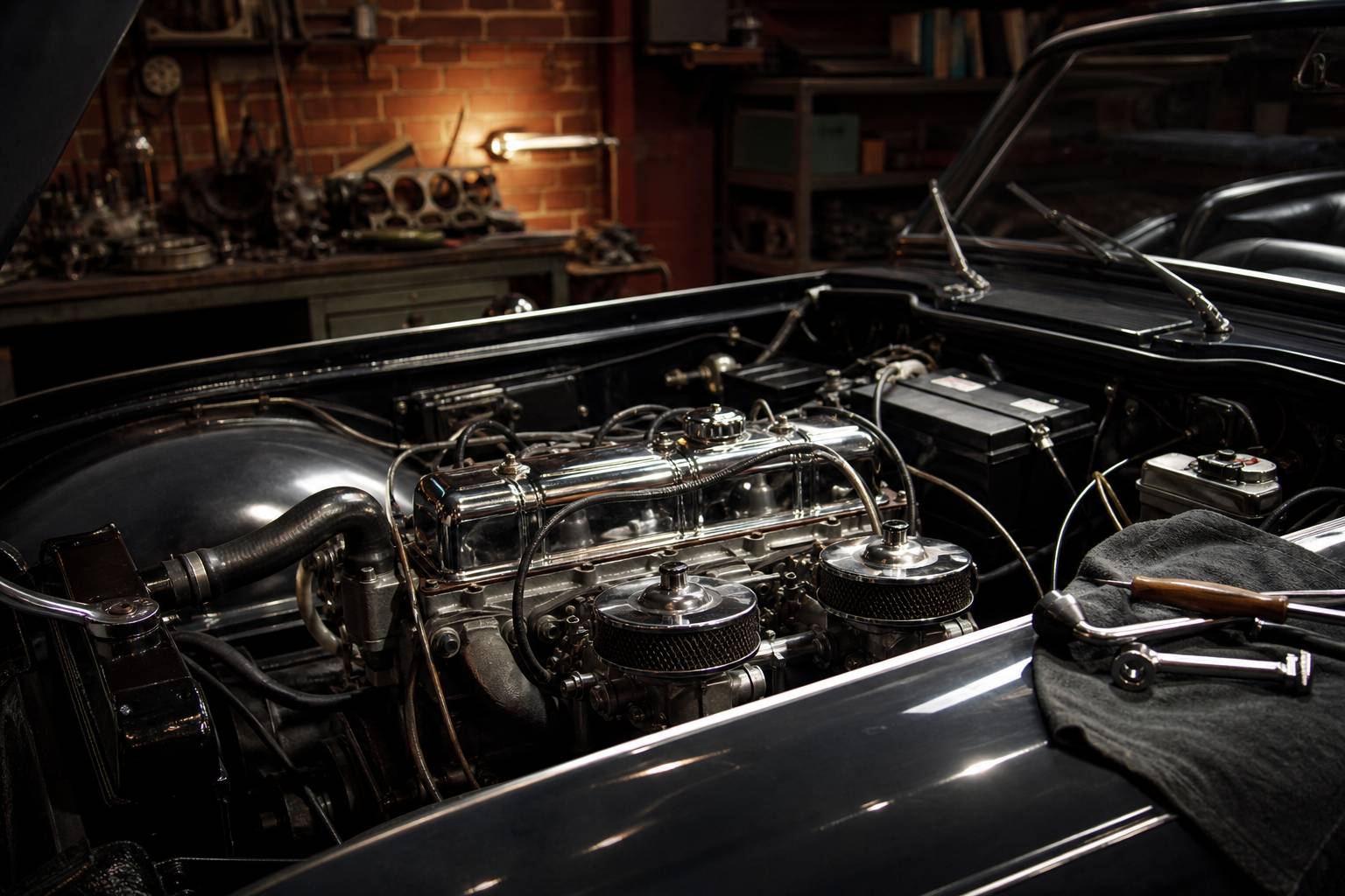 Moteur 4 cylindres de Triumph TR4 dans un atelier de restauration mécanique vintage