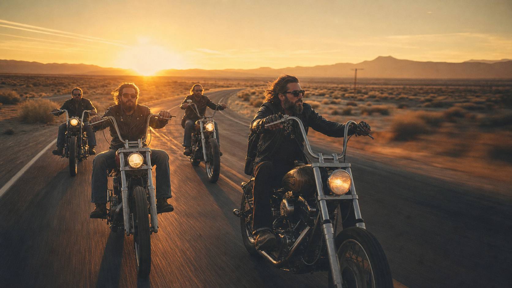Groupe de motards Bikeriders sur route américaine au coucher de soleil