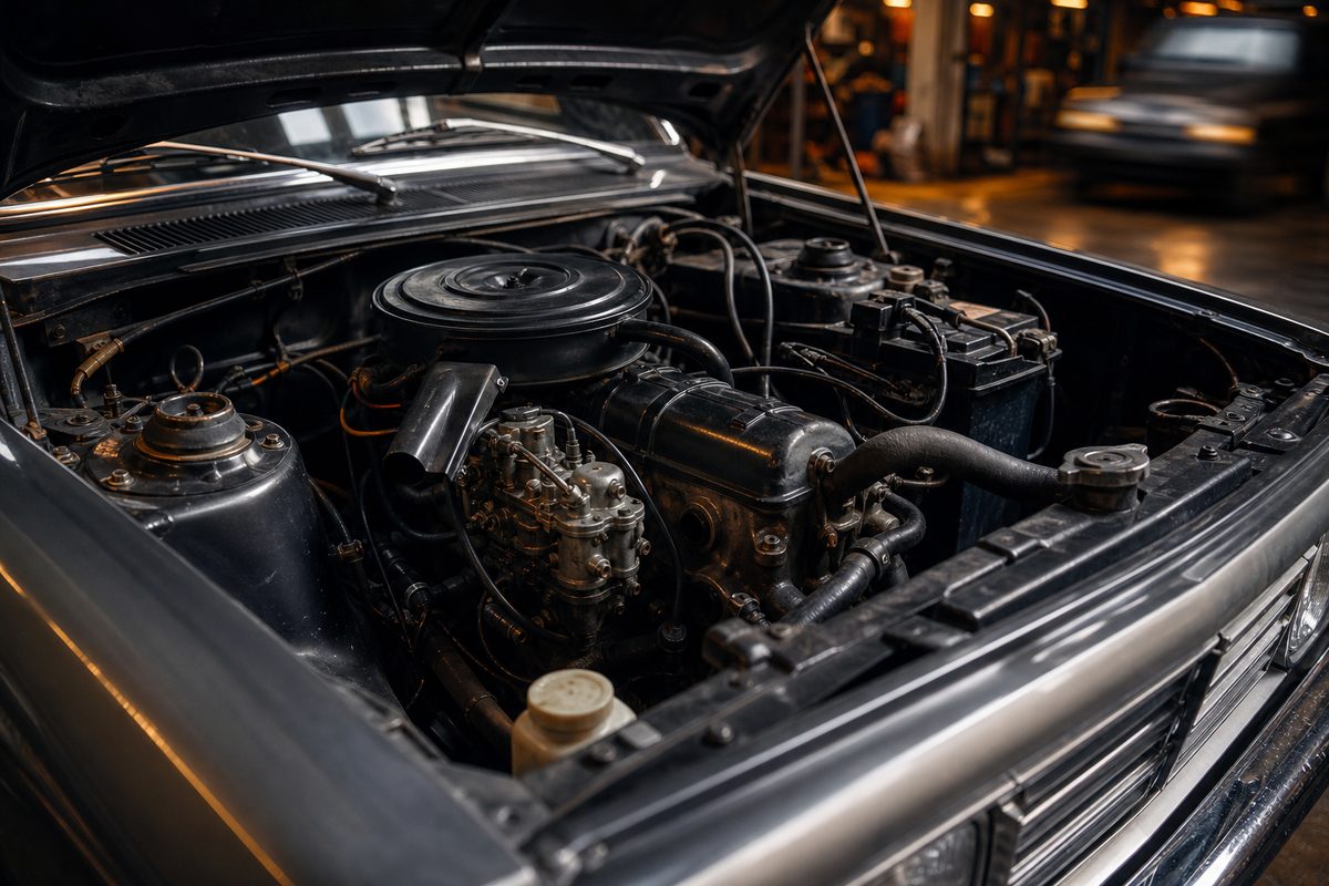 Moteur Peugeot 304 sous le capot, mecanique voiture classique francaise
