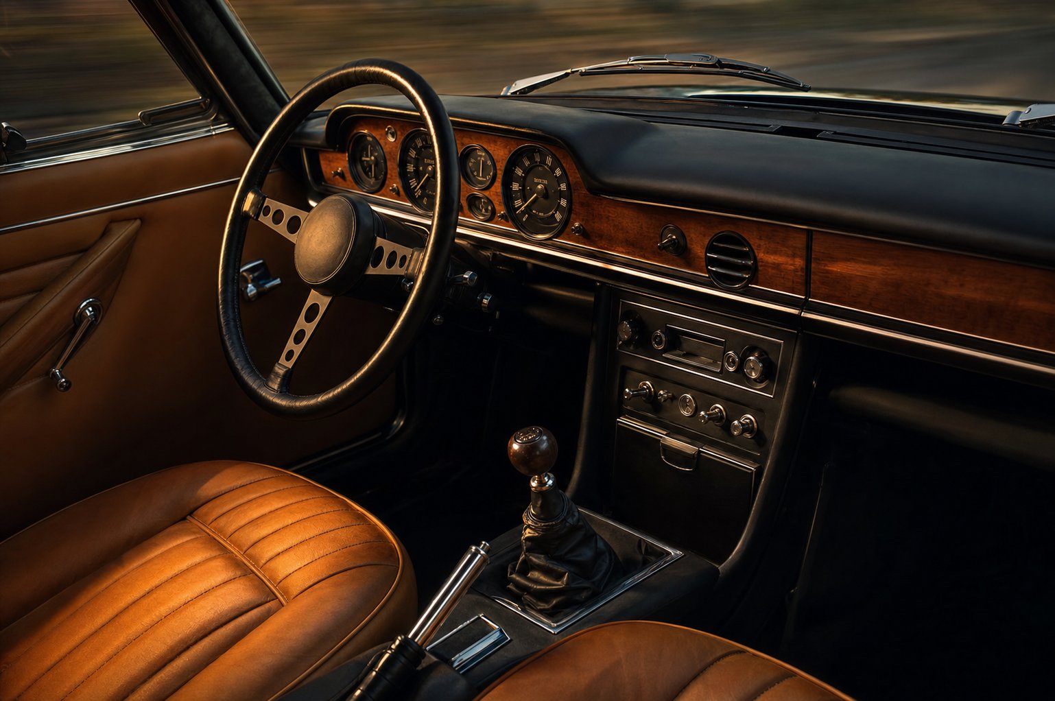 Interieur Peugeot 504 Coupe, tableau bord boiserie, siege cuir, ambiance 1970