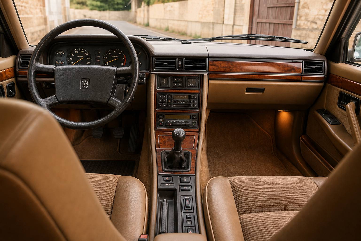 Tableau de bord intérieur de la Peugeot 505, habitacle en bois et cuir de la berline française des années 1980
