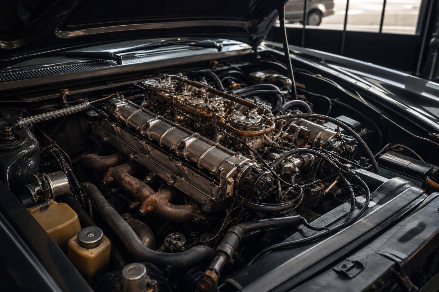 Moteur V6 PRV de la Peugeot 604 SL, compartiment moteur détaillé, atelier mécanique