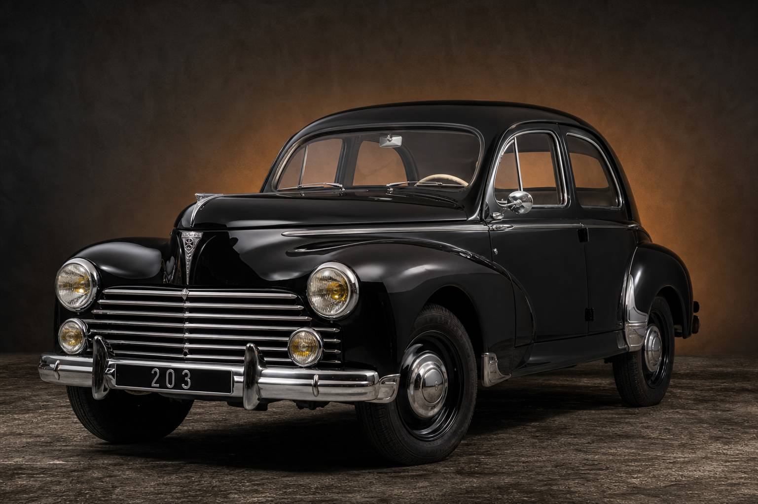 Peugeot 203 berline classique française 1948-1960, icône automobile en noir profond avec chromes