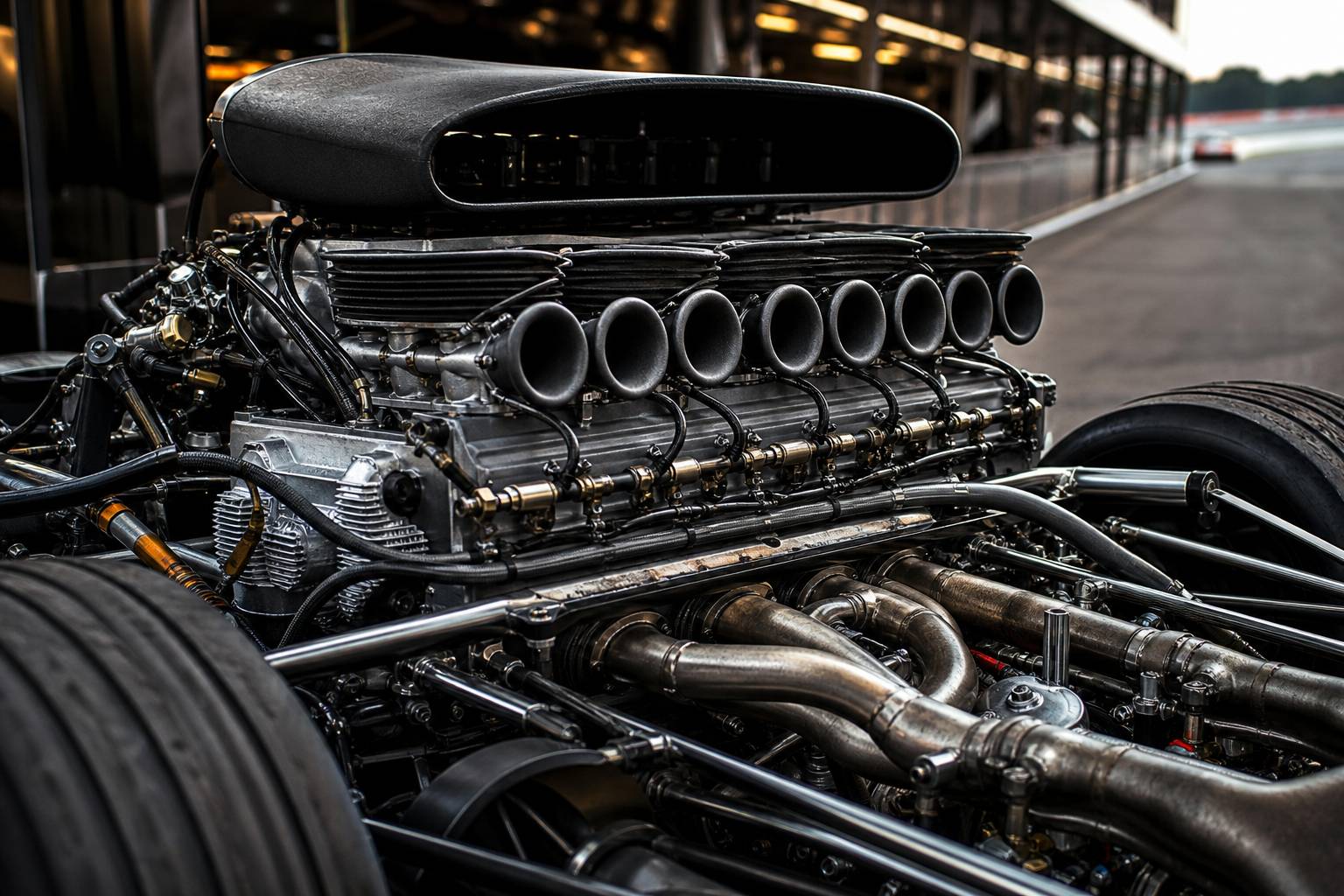 Moteur flat-12 Porsche 917, admission d'air et échappements, paddock de course
