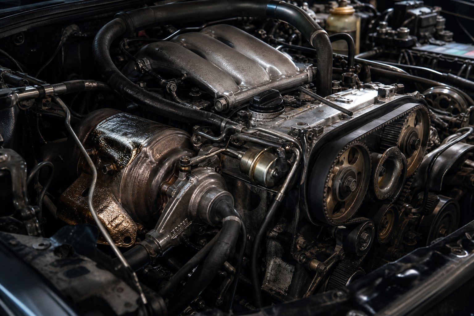 Moteur J7R turbo de la Renault 21 2L Turbo, mécanique française en atelier