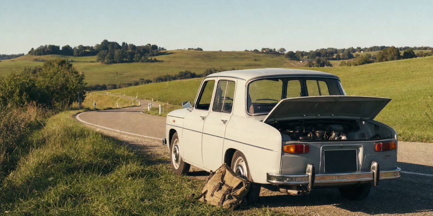 Renault 8 : une escapade à l&rsquo;ancienne, sac à dos en route
