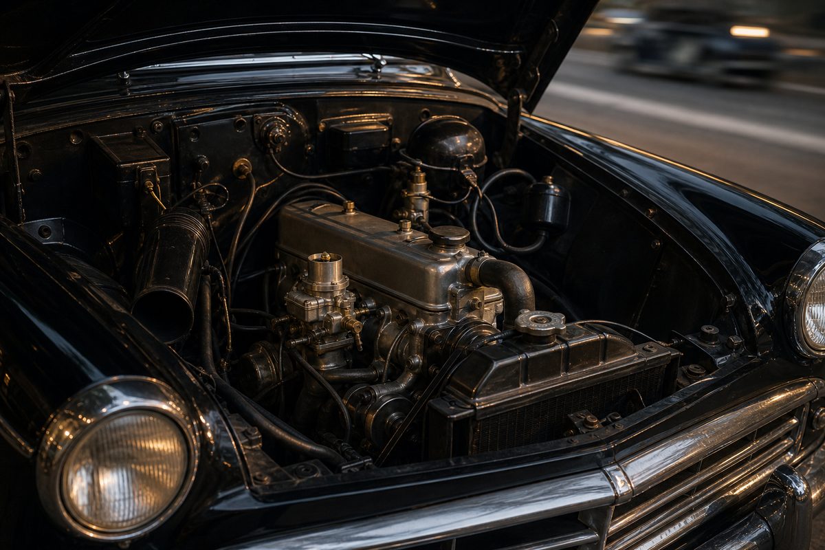 Moteur Flash Simca Aronde, mecanique d automobile classique francaise en atelier