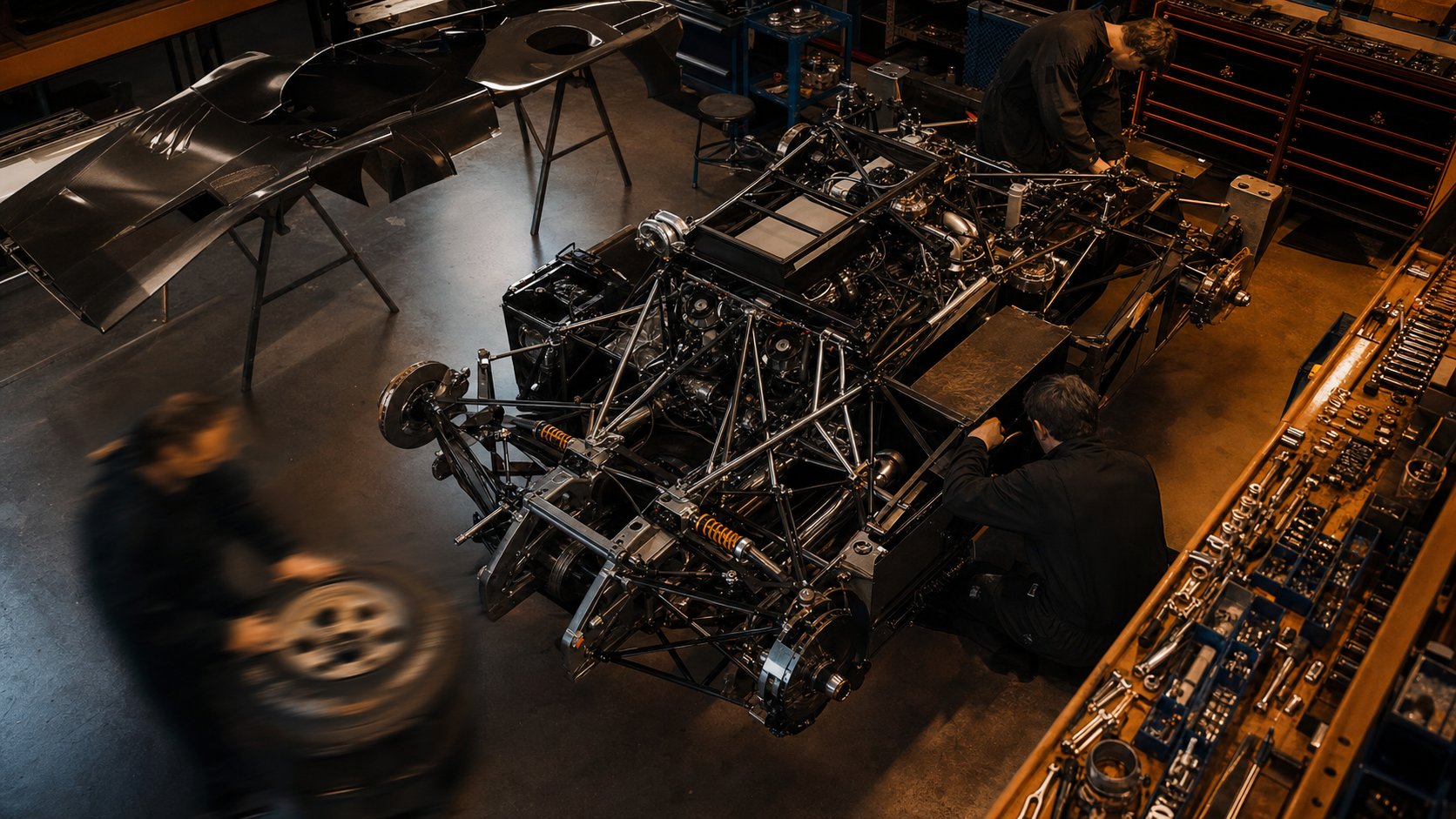 Chassis Spice SE en construction atelier artisanal, tubulure et panneaux carbone