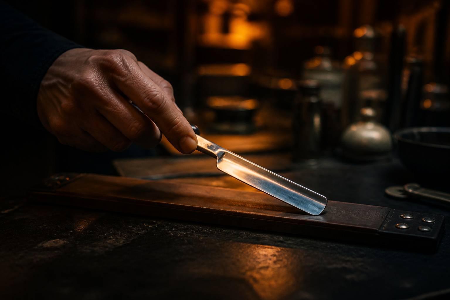 Main guidant un coupe-chou sur un cuir à aiguiser dans un atelier