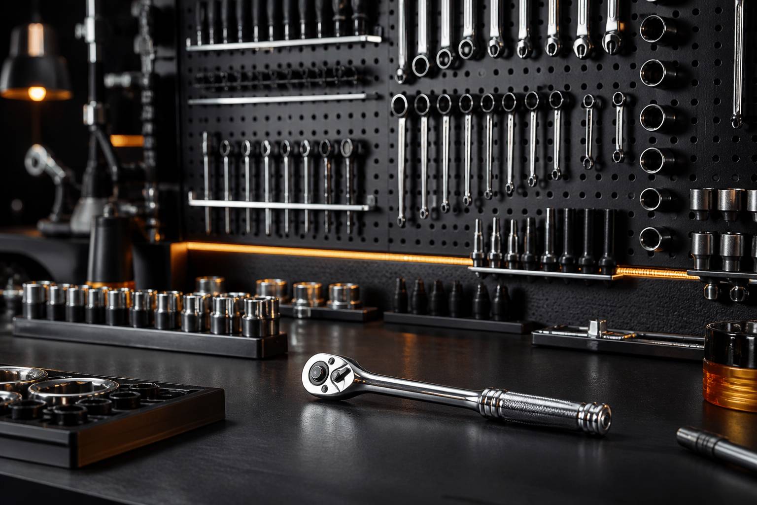 Outils et pièces mécaniques rangés sur un panneau perforé d'atelier
