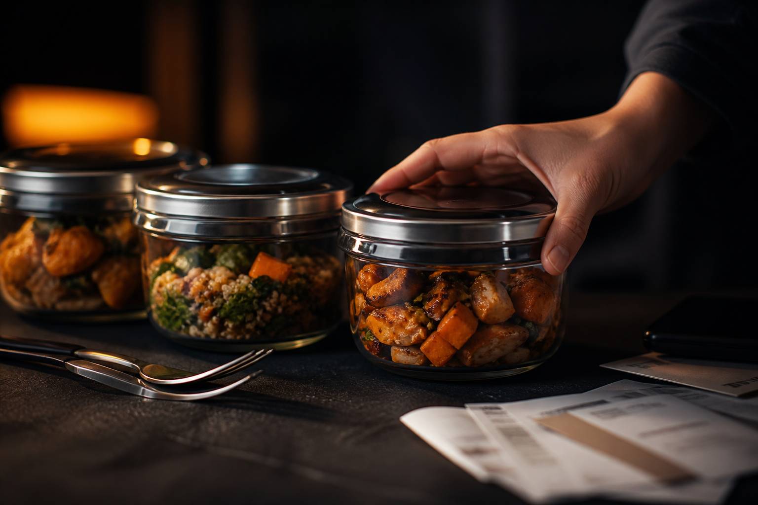 Bocaux de repas préparés avec un relevé bancaire sans texte lisible en arrière-plan