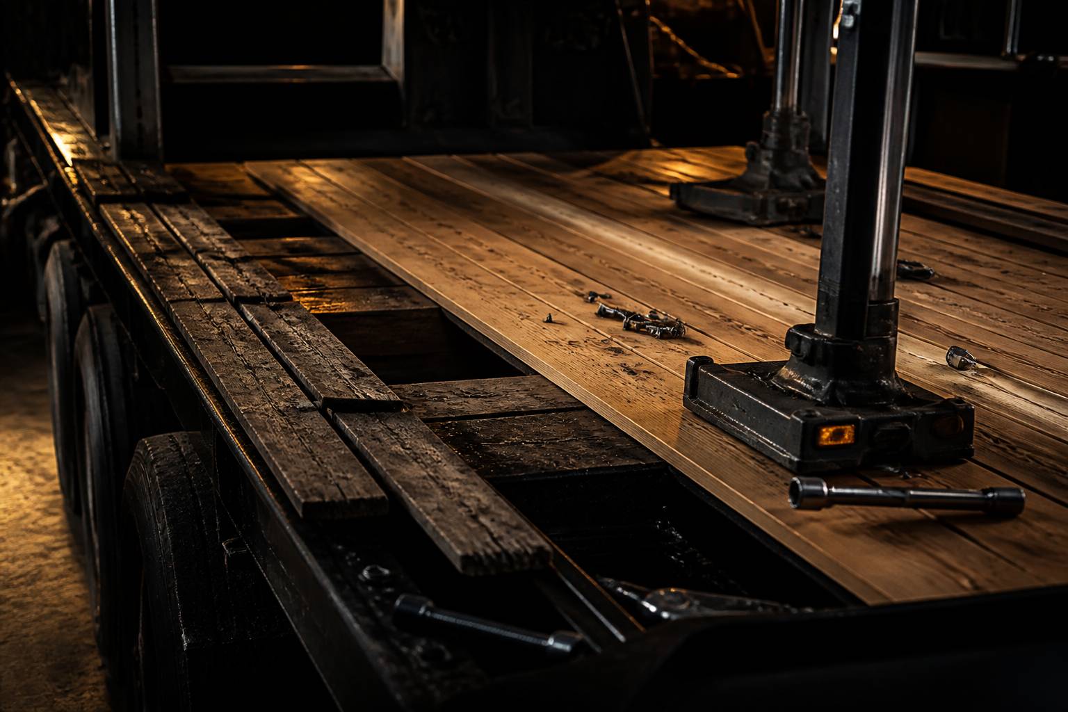 Plancher de remorque en cours de remplacement avec lames de bois neuves et outils