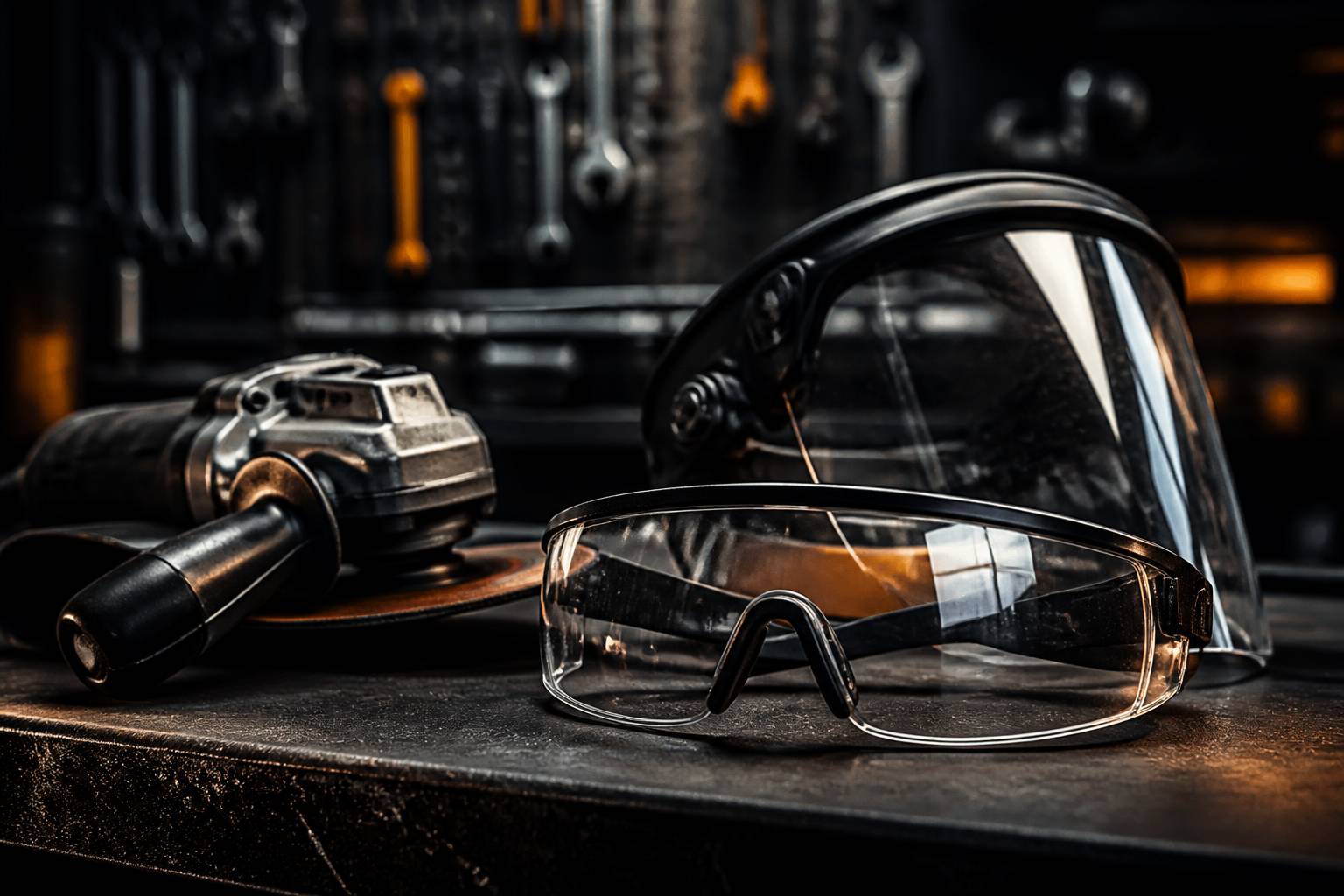 Visière et lunettes de protection près d'une meuleuse d'atelier
