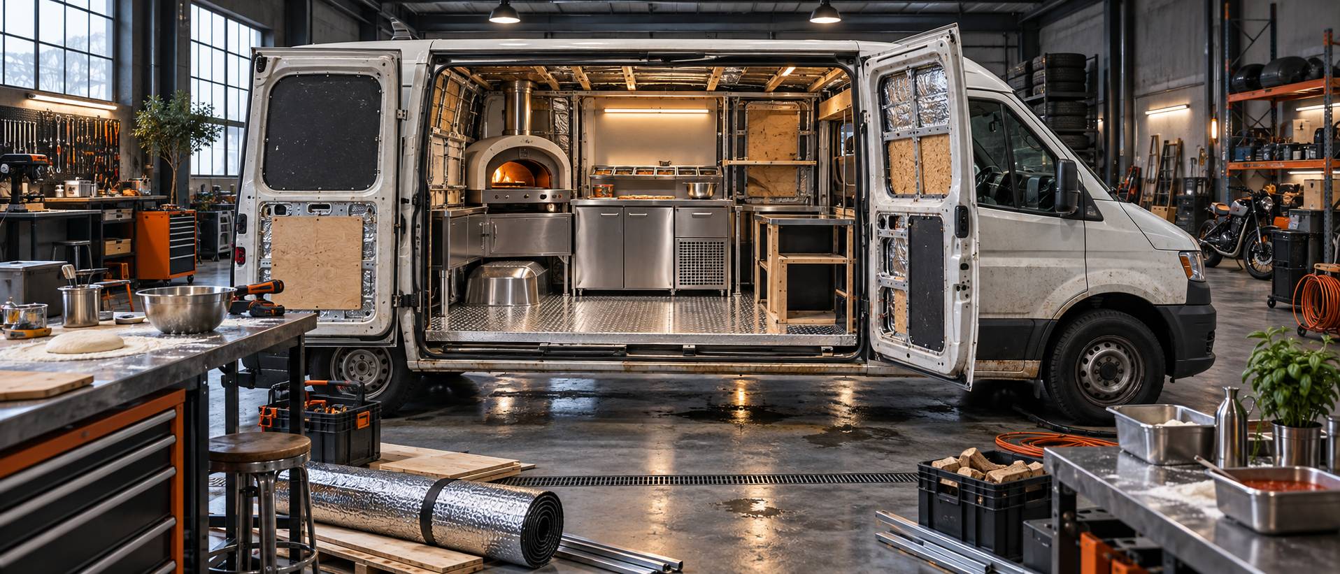 Illustration éditoriale du sujet : Aménager un camion à pizza : plancher, poids et cuisine en mouvement
