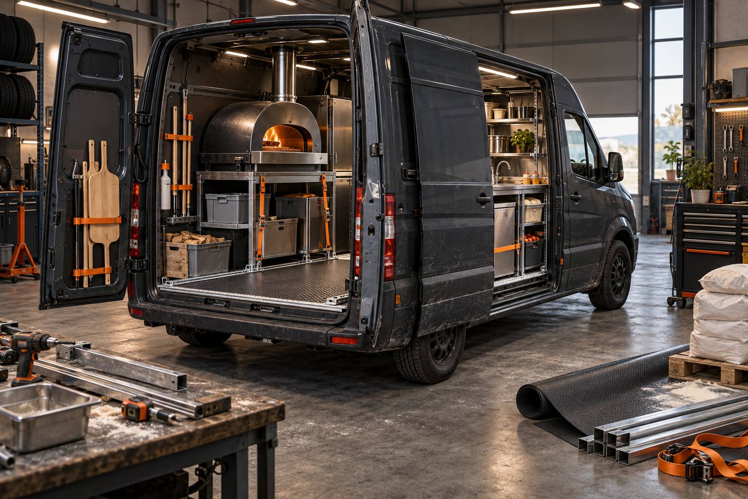 Aménager un camion à pizza : plancher, poids et cuisine en mouvement
