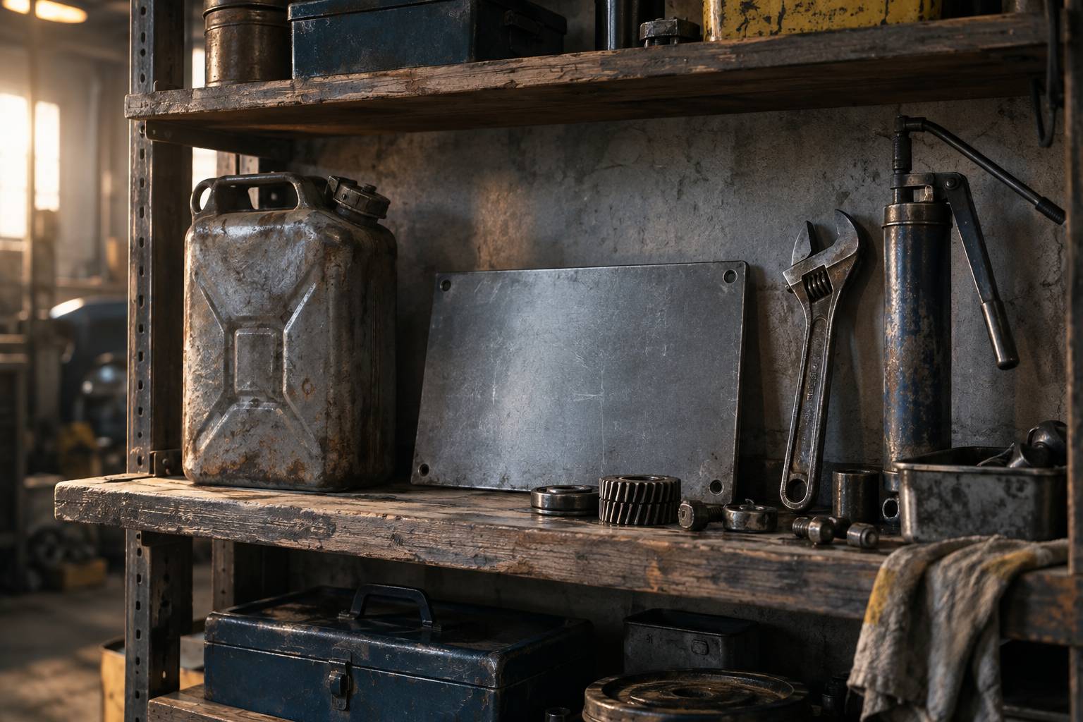 Vue rapprochee d'objets de garage anciens alignes sur une etagere en bois