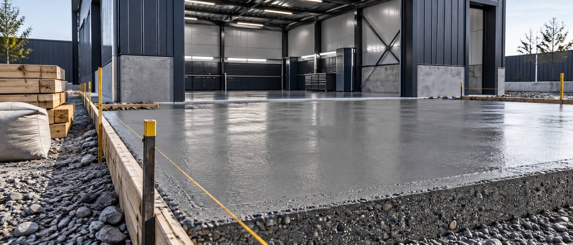 Dalle beton fraiche et outils de macon devant un garage en construction
