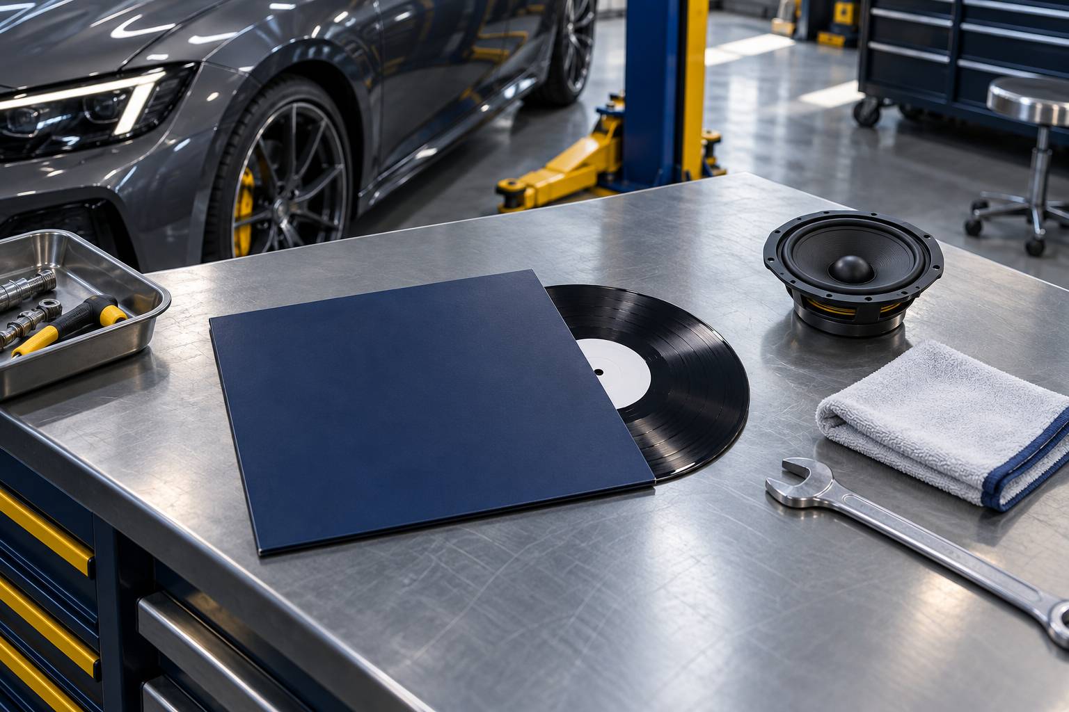 Pochette vinyle unie et outils poses sur un etabli d'atelier