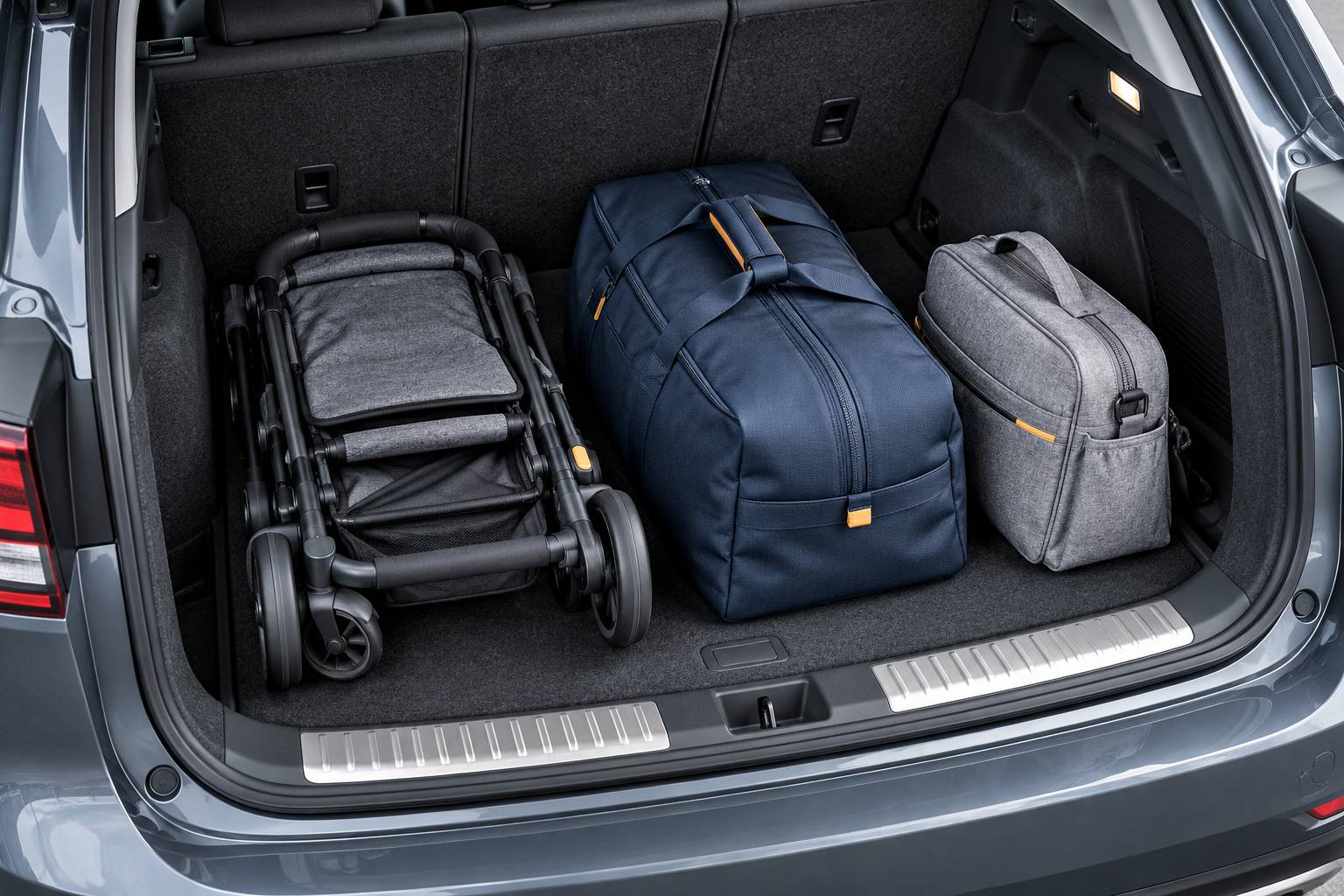 Coffre de voiture contenant une poussette pliee et des sacs de voyage
