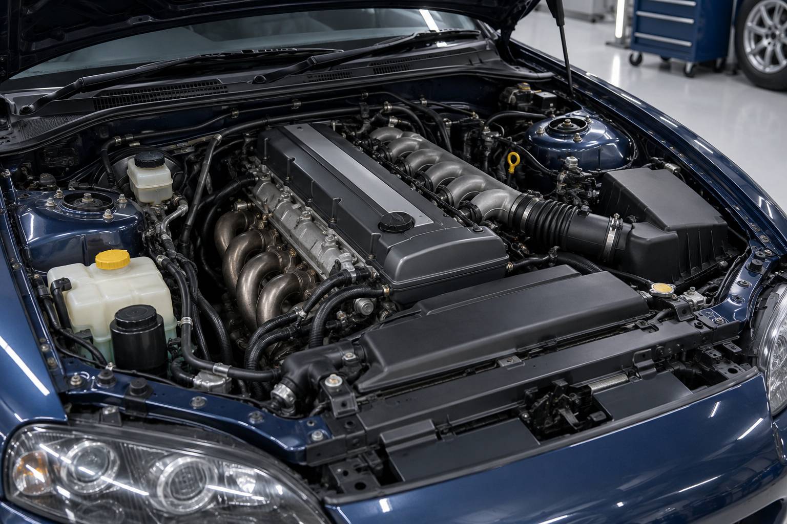Compartiment moteur six cylindres d'un coupé sportif dans un atelier