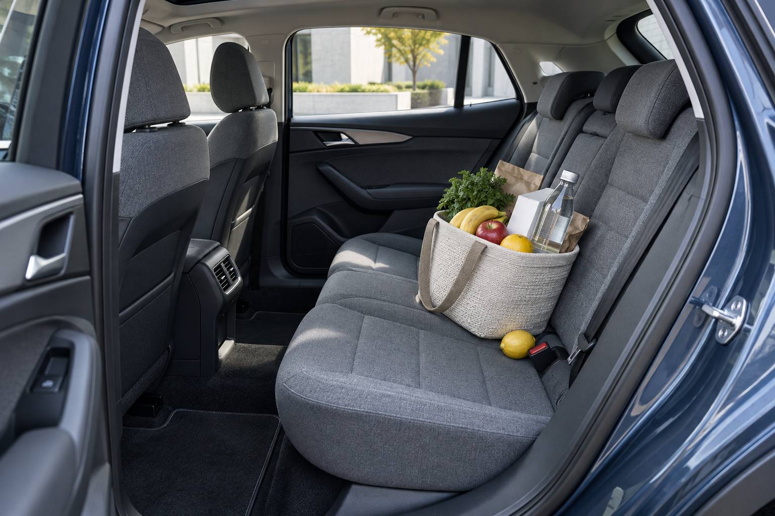 Panier de provisions sur la banquette arriere d'une voiture